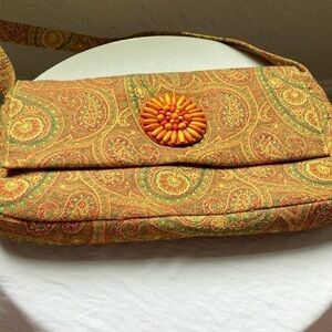 Zalo: Orange/Yellow Paisley, Cloth handbag- Made in Spain- beaded sunburst